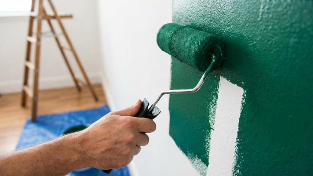 Mão aplicando tinta verde escura em parede branca com rolo.