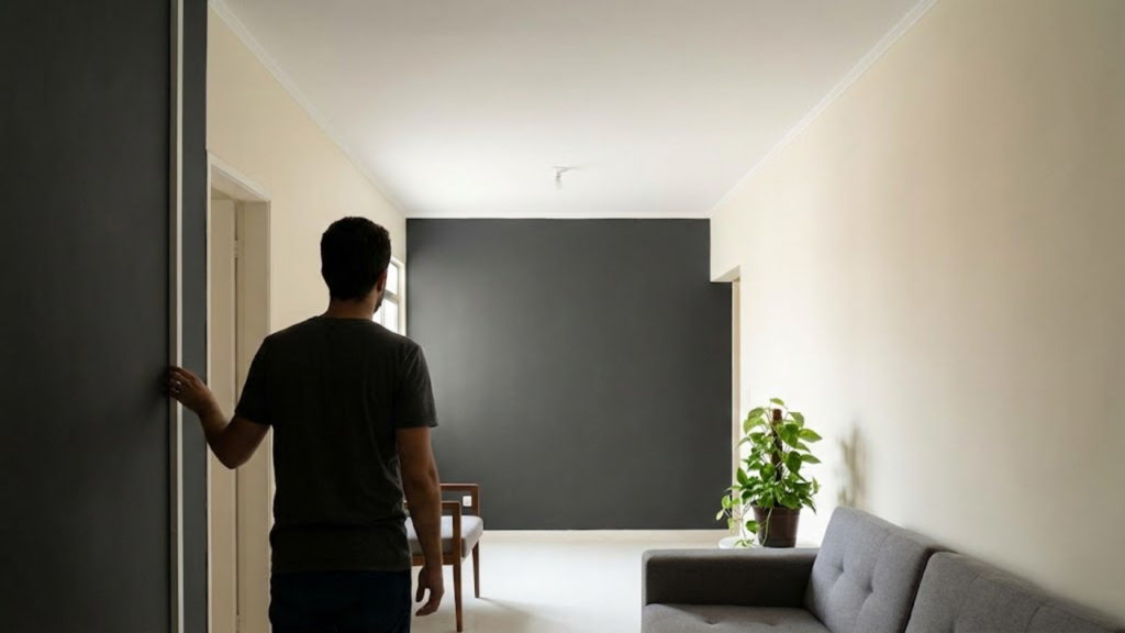 Visão ampla de sala retangular com fundo cinza chumbo.