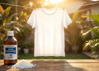 Camiseta branca impecável no varal sob sol forte com frasco do produto.