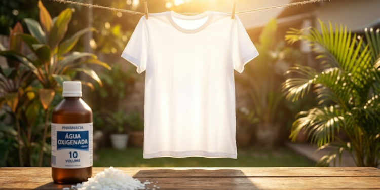 Camiseta branca impecável no varal sob sol forte com frasco do produto.