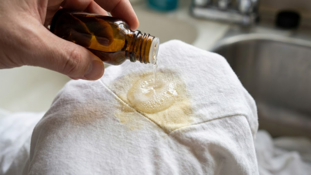 Macro da aplicação do líquido borbulhando sobre a mancha amarela na axila