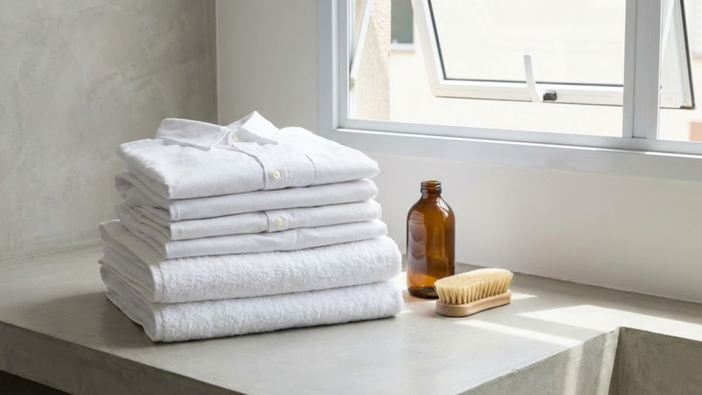 Pilha de roupas brancas lavadas e dobradas na área de serviço