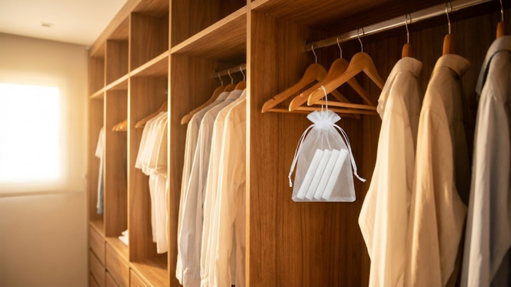 Armário organizado com saquinho de giz e luz solar quente