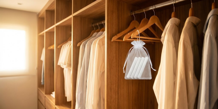 Armário organizado com saquinho de giz e luz solar quente