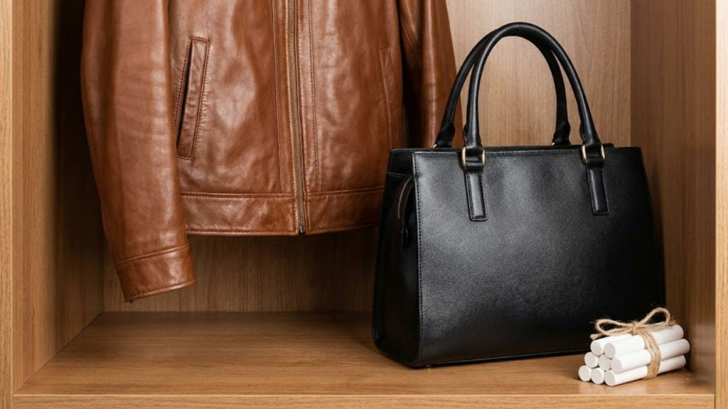 Gizes protegendo jaqueta de couro e bolsa em prateleira seca