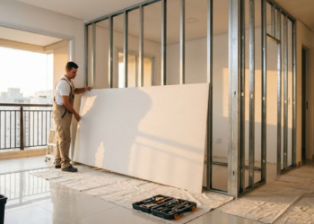 Instalador encaixando painel de drywall em estrutura metálica em sala limpa