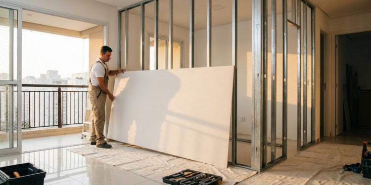 Instalador encaixando painel de drywall em estrutura metálica em sala limpa