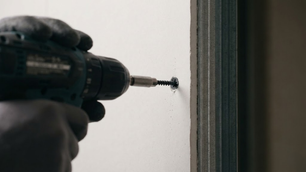 Close-up de parafusadeira fixando parafuso no drywall sem sujeira.
