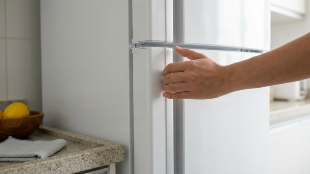 Mão fechando porta de geladeira com borracha branca impecável