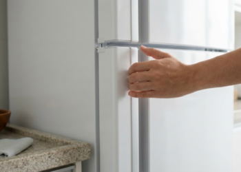 Mão fechando porta de geladeira com borracha branca impecável