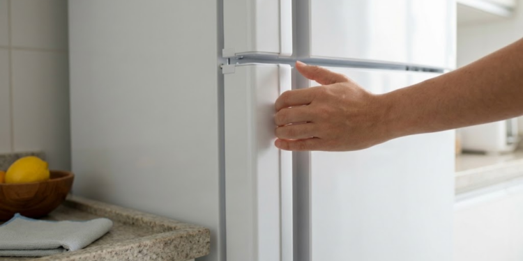 Mão fechando porta de geladeira com borracha branca impecável