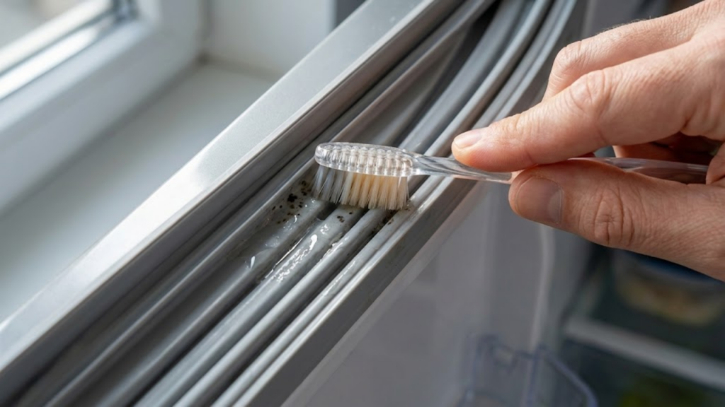 Escova de dentes limpando os vincos da borracha da geladeira.