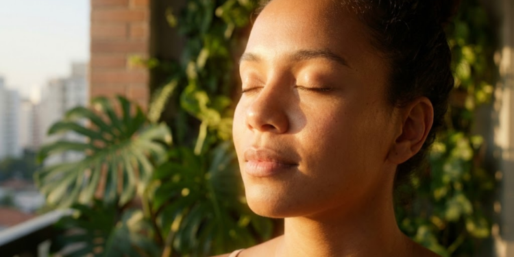 Pessoa recebendo luz solar no rosto em varanda tropical ao amanhecer