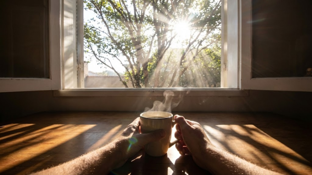 POV de café matinal em janela aberta com raios de sol entre folhas