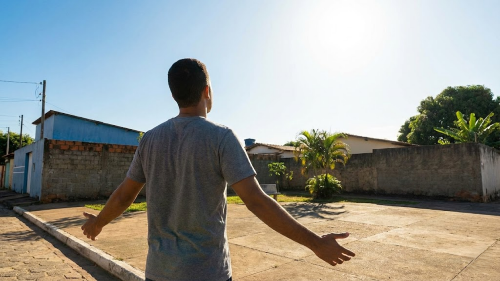 Pessoa em pé ao ar livre banhada por luz solar intensa e céu azul.
