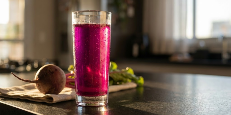 Suco de beterraba vibrante e raiz fresca sob luz dourada