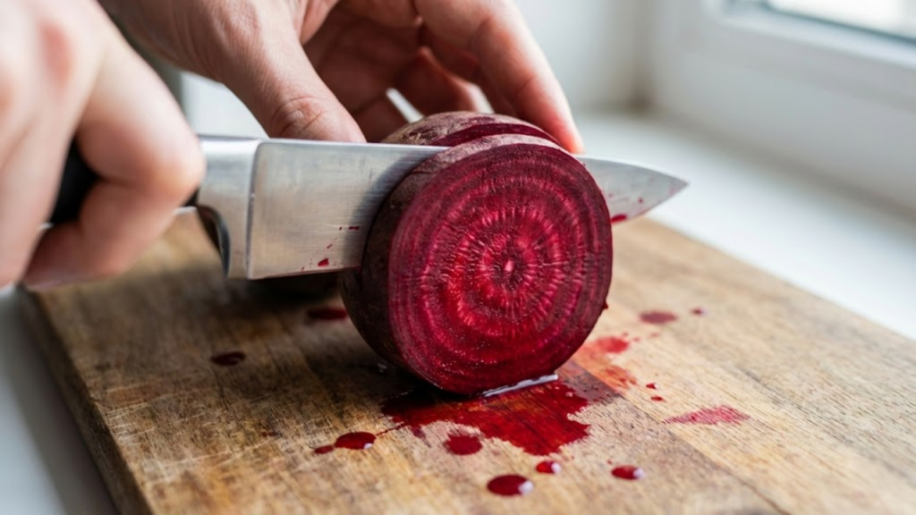 Fatias de beterraba com anéis roxos intensos em plano detalhado