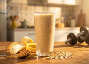 Copo de vitamina cremoso sob luz dourada com ingredientes ao redor