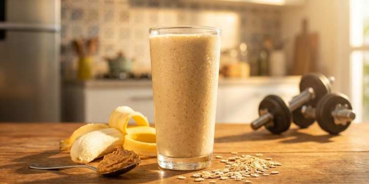 Copo de vitamina cremoso sob luz dourada com ingredientes ao redor