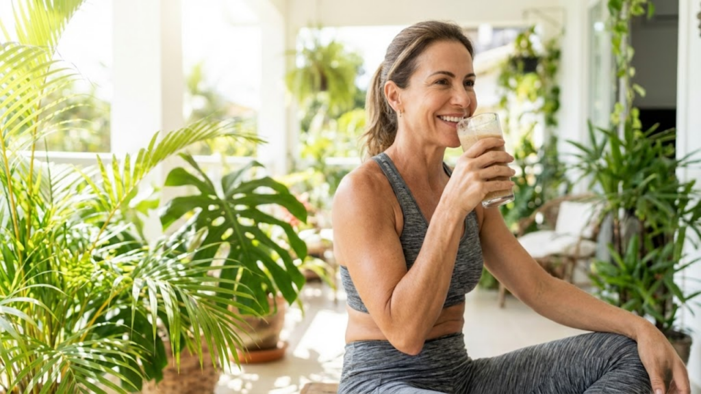 Mulher madura e forte bebendo a vitamina em uma varanda ensolarada