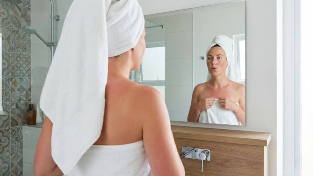 Pessoa revigorada e com pele corada após banho frio em banheiro iluminado