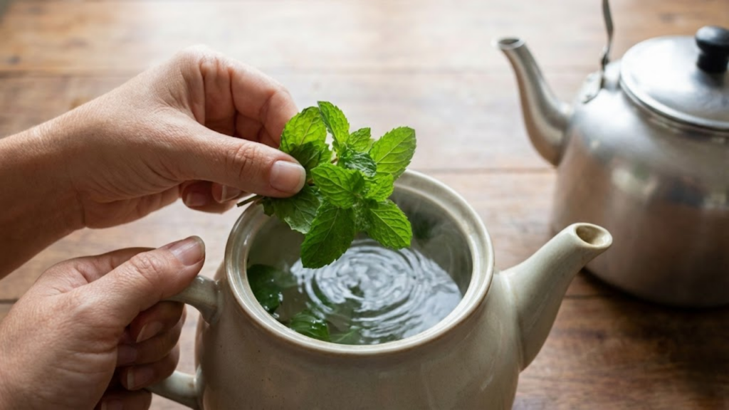 POV de mãos adicionando folhas frescas de hortelã em bule com água quente
