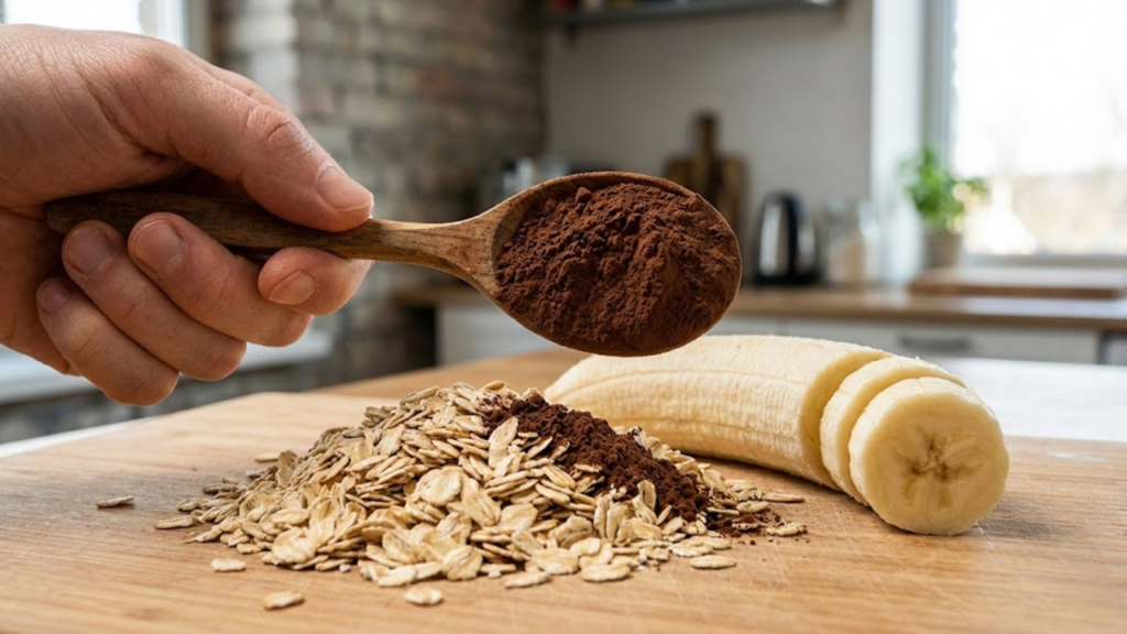 Detalhe macro de cacau puro e aveia sendo preparados na cozinha