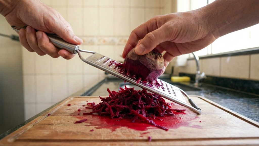 POV de mãos ralando beterraba fresca em uma cozinha ensolarada