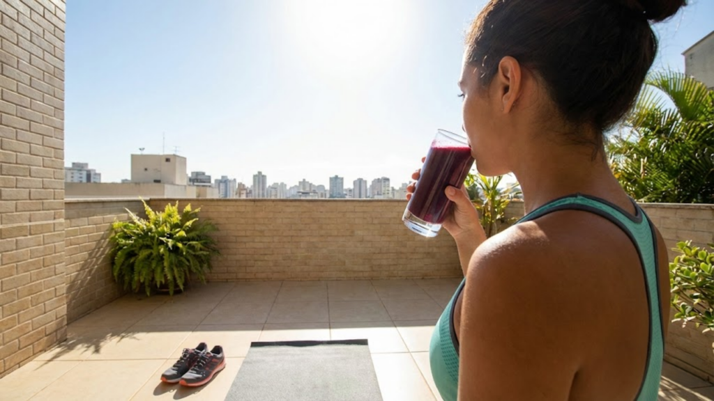 Pessoa em traje esportivo bebendo suco de beterraba ao sol