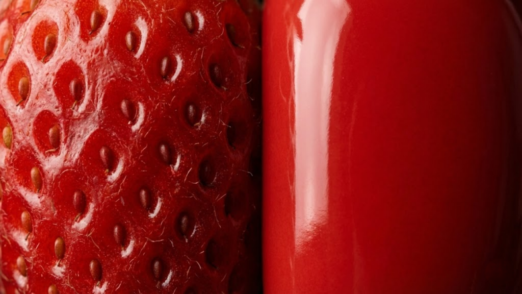 Macro comparativo artístico: textura rugosa de morango vs. superfície lisa e brilhante