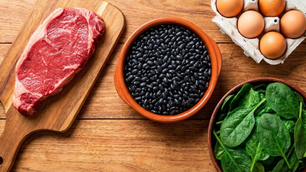 Mesa rústica com alimentos ricos em ferro e B12: carne vermelha, feijão preto e espinafre