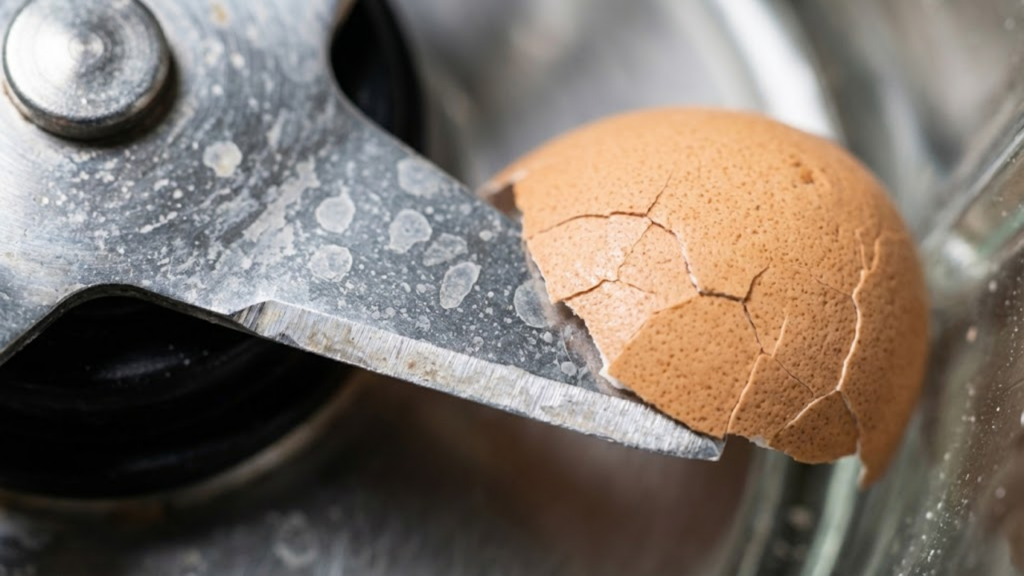 Macro detalhado mostrando a textura porosa da casca de ovo em contato com a lâmina de metal.