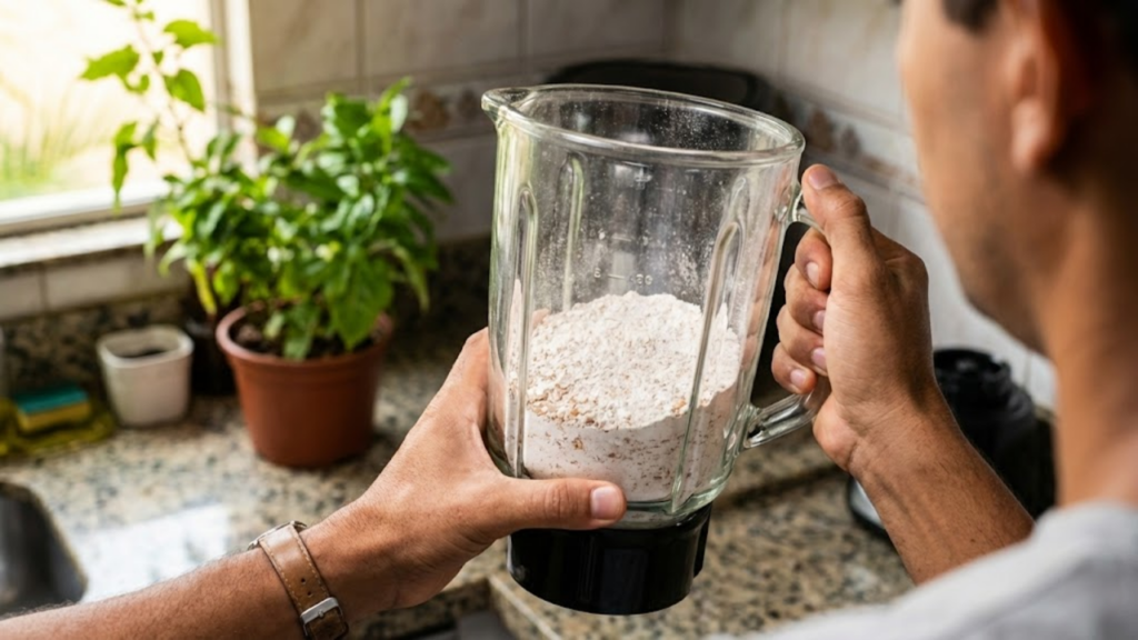 Pessoa segurando o copo do liquidificador com o pó das cascas, com uma planta ao fundo.