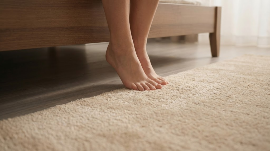 Close nos pés descalços saindo da cama e pisando no tapete macio, contrastando com o piso frio