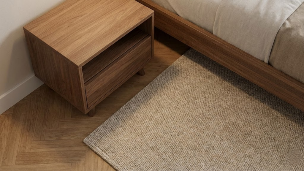 Ângulo alto mostrando a mesa de cabeceira no piso nu e o tapete começando depois dela