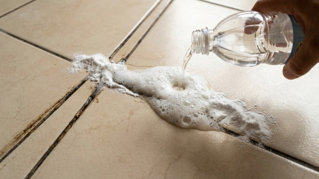 Close da reação química espumante do vinagre com bicarbonato no rejunte sujo.