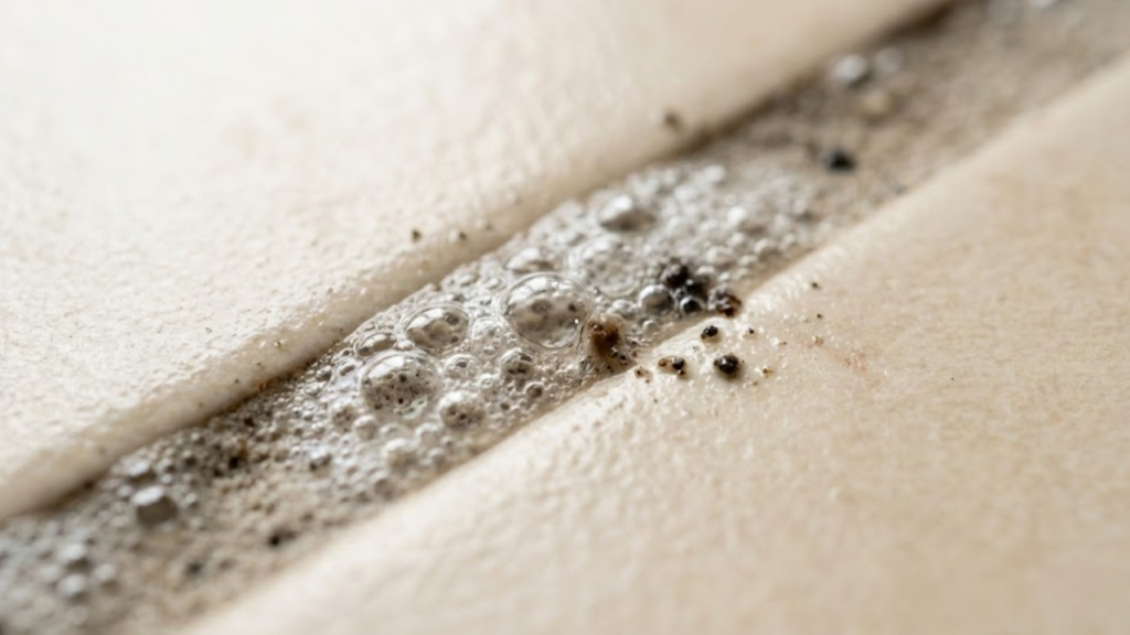 Macro detalhado das bolhas efervescentes empurrando a sujeira para fora do rejunte.