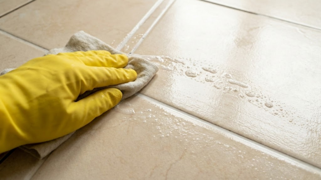 Ponto de vista (POV) passando um pano e revelando o rejunte limpo instantaneamente.