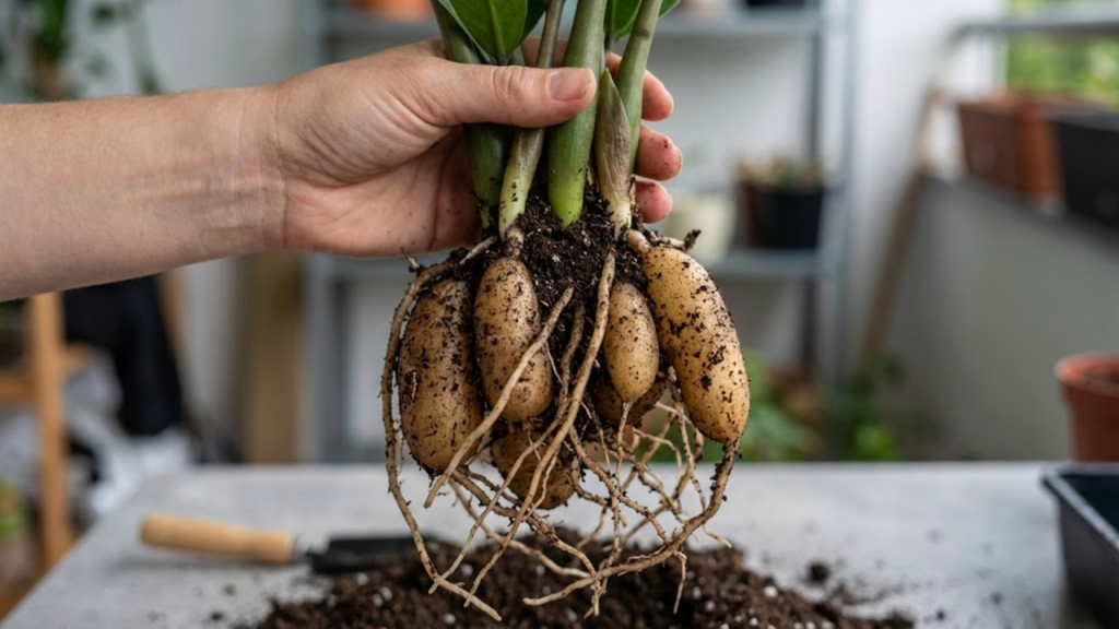 Macro mostrando os rizomas (batatas) da raiz da Zamioculca durante o replantio