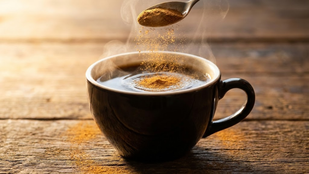 Close da canela em pó sendo polvilhada sobre uma xícara de café fumegante ao sol da manhã