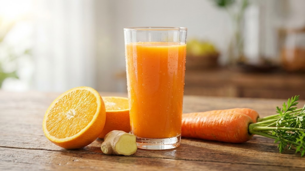 Copo de suco vibrante suando de gelado, ao lado de laranjas cortadas e cenouras na mesa de madeira
