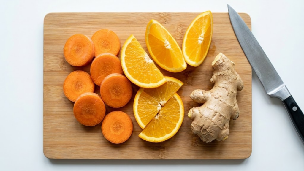 Vista de cima (flat lay) dos ingredientes cortados na tábua: rodelas de cenoura, laranja e gengibre