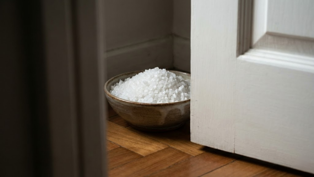 Pote de cerâmica com sal grosso no chão, posicionado estrategicamente atrás de uma porta entreaberta