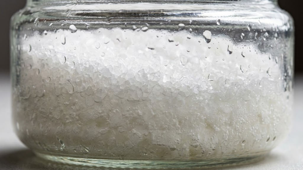 Macro do pote de vidro mostrando o sal derretendo e virando água no fundo (saturado).