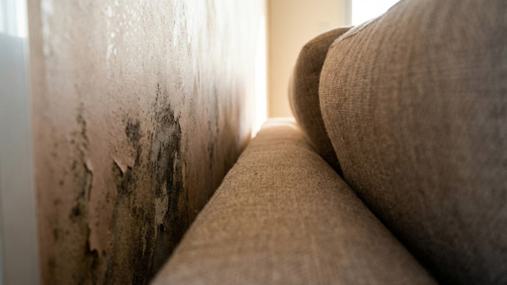 Close comparando parede com mofo (encostada) e parede seca (afastada).