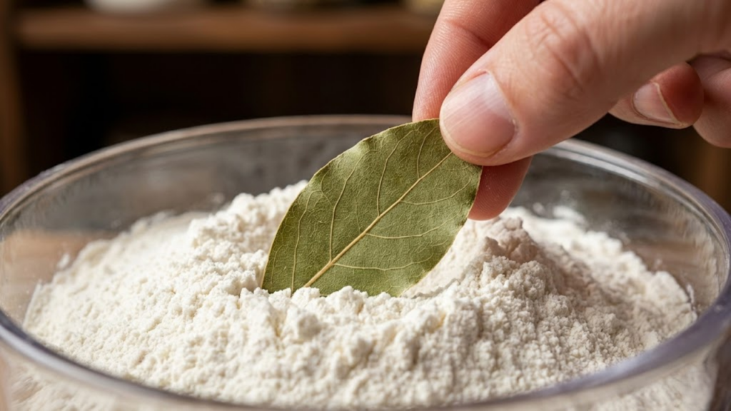 Foto em macro de uma mão colocando a folha de louro seca sobre a farinha limpa