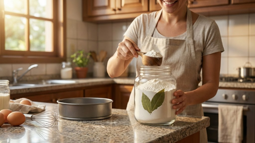 Visão por cima do ombro de alguém pegando farinha limpa do pote para fazer um bolo