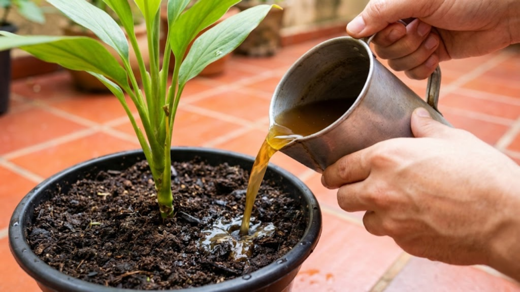 Foto em primeira pessoa regando a terra escura de um vaso com o líquido nutritivo de cor âmbar.