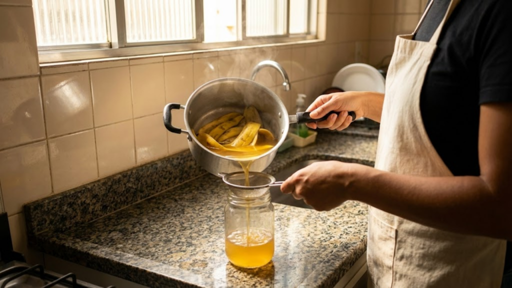 Visão por trás de alguém coando o chá quente de cascas de banana na bancada da cozinha.
