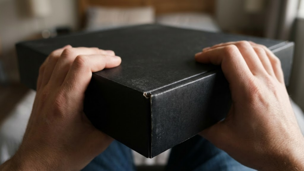 Foto em primeira pessoa mostrando mãos segurando firmemente uma caixa preta de eletrônico vazia e levemente empoeirada